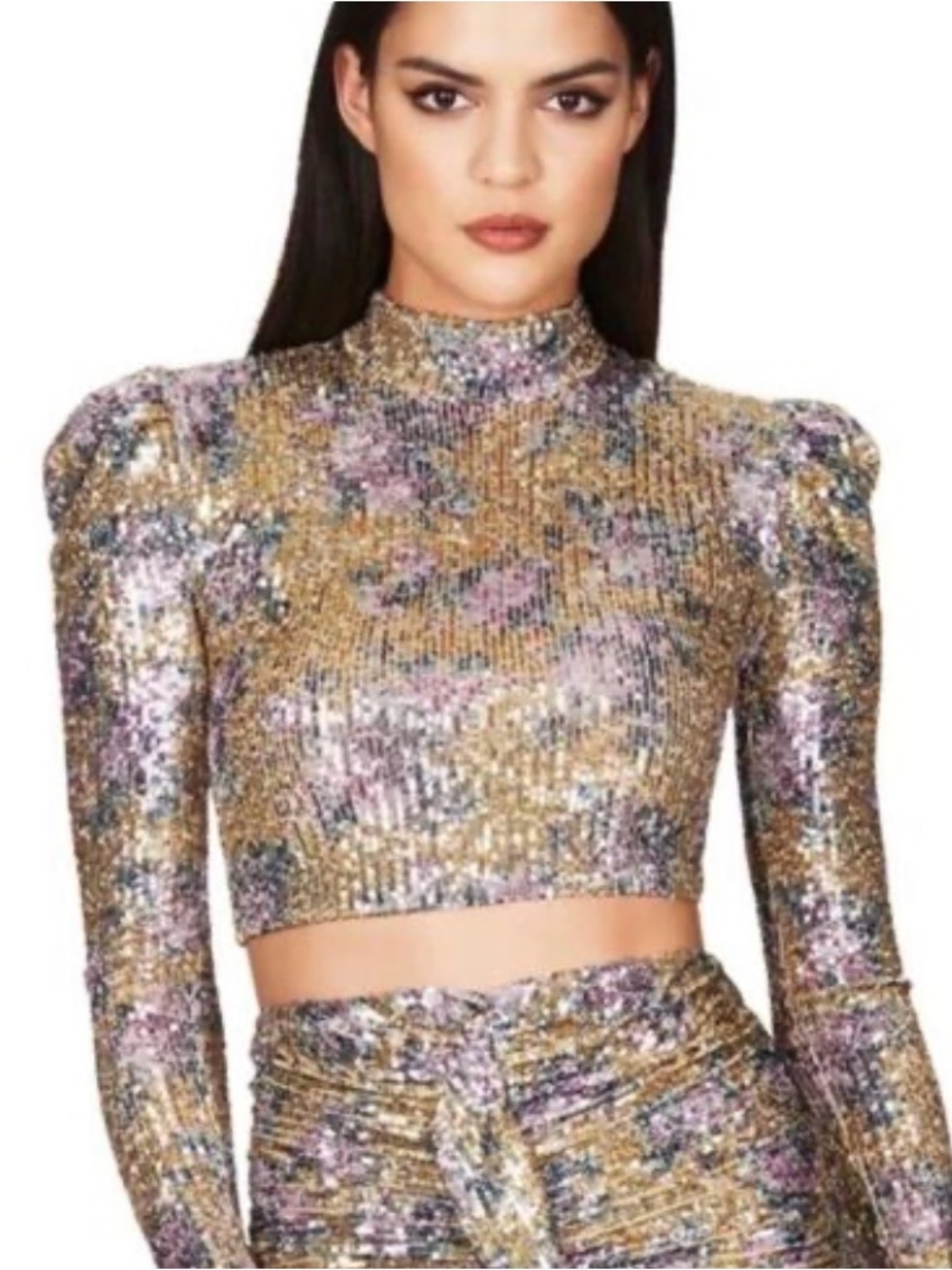 Nookie “ Forever Crop” Sequined Metallic Gold Crop Top with Mock Neck